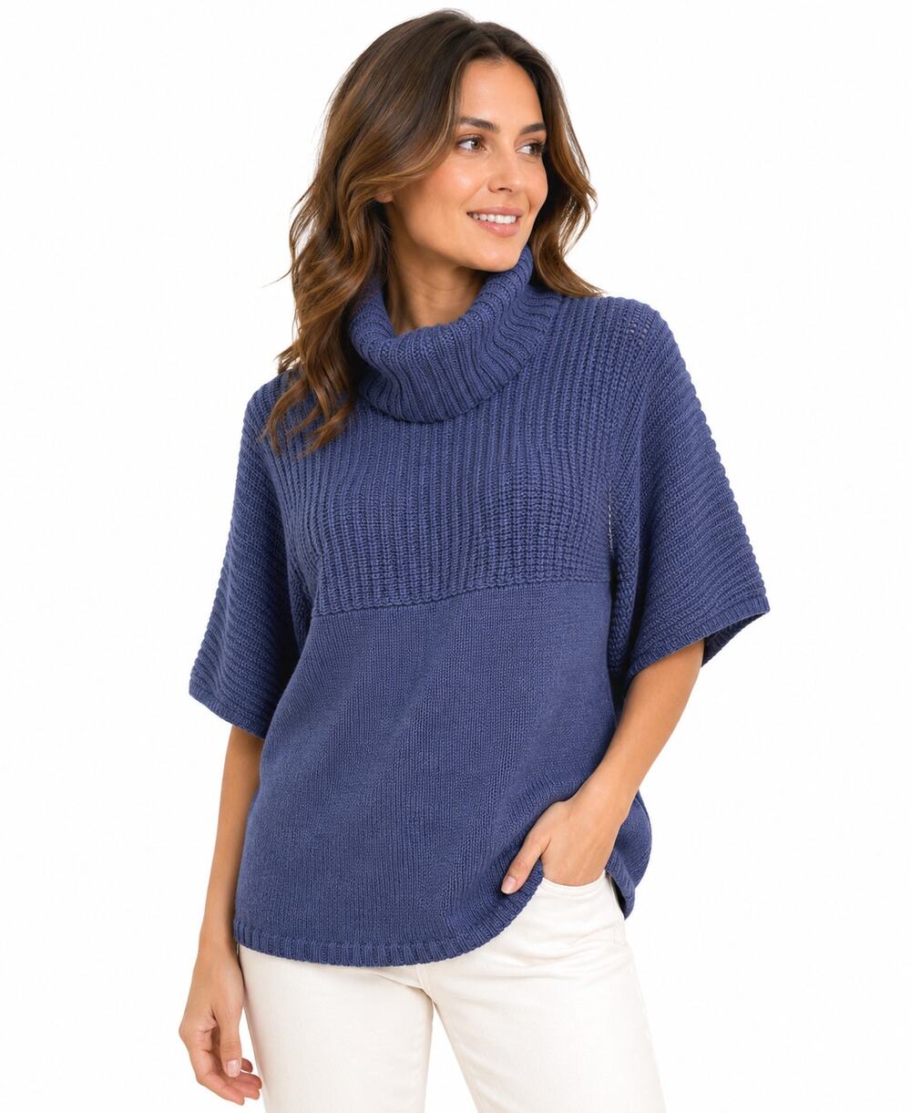 BCBG Paris Blue Cowl Neck Sweater Short Sleeve Knit Top Sz S